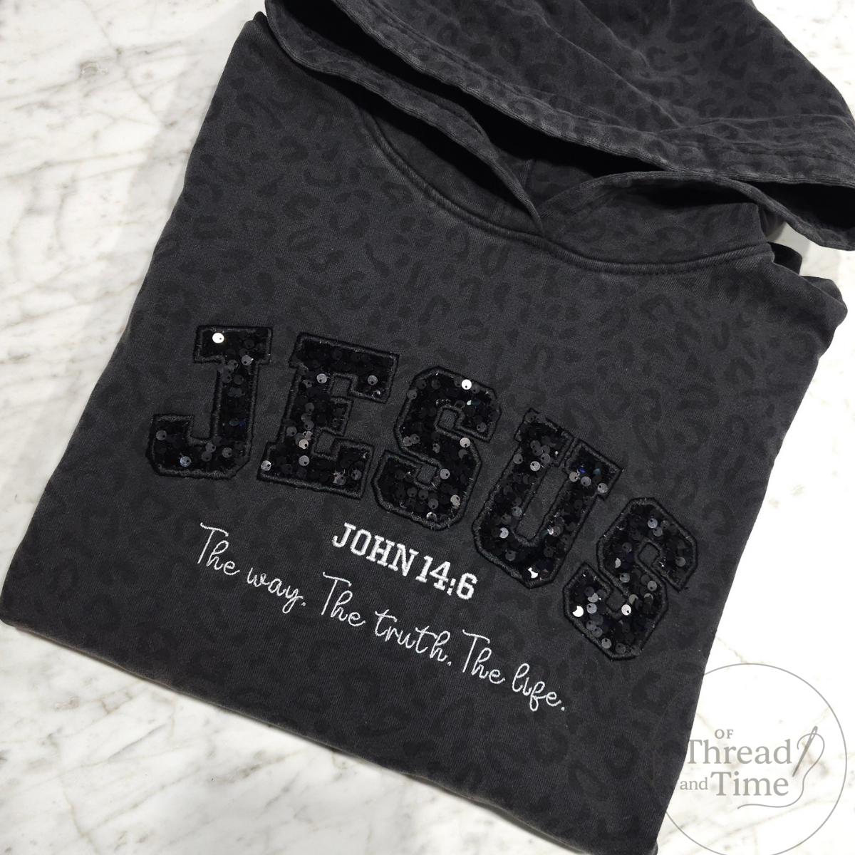 JESUS applique w/ sequins Leopard Hoodie